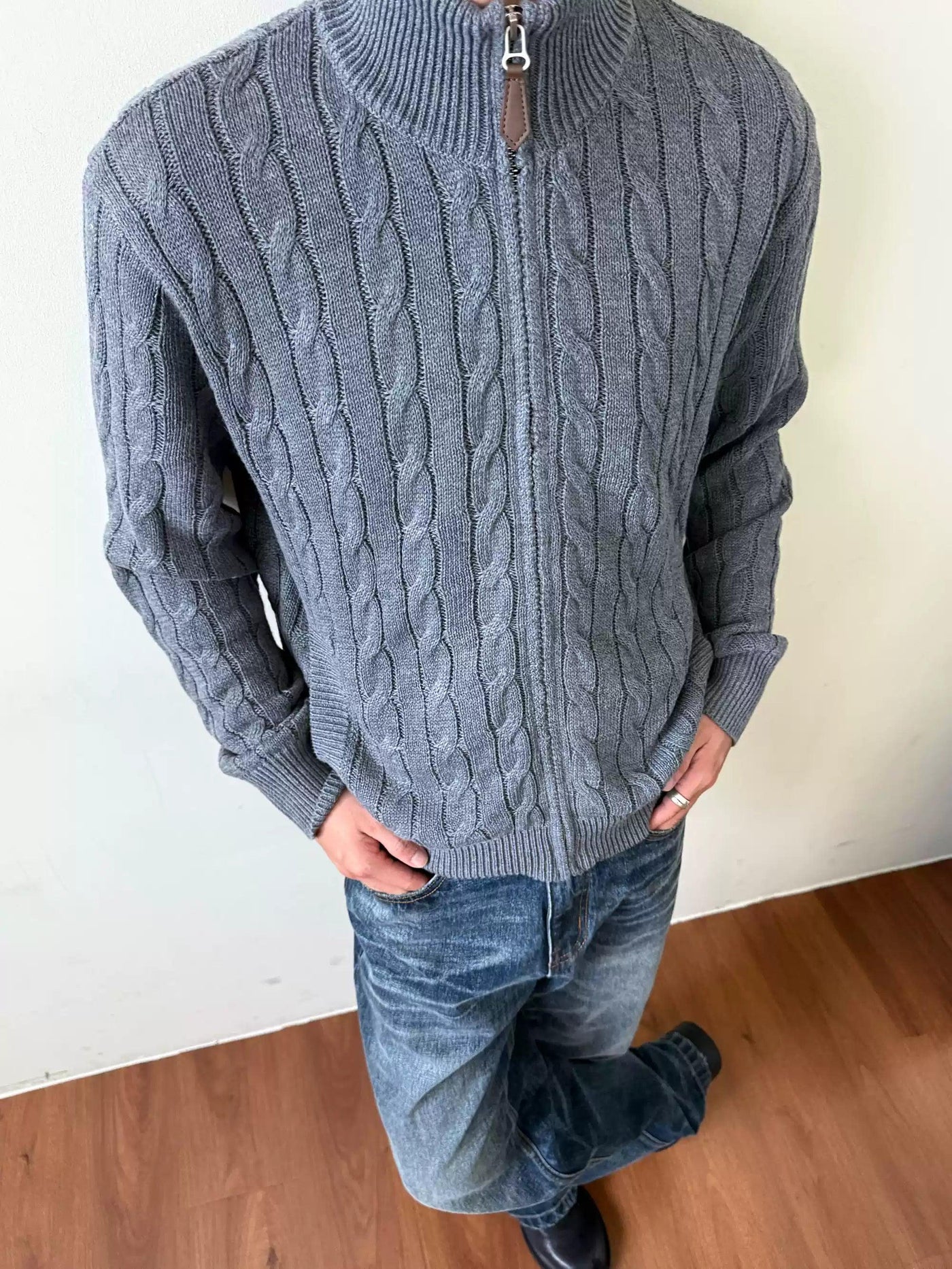 Stand Collar Cable Knit Jacket Korean Street Fashion Jacket By Made Extreme Shop Online at OH Vault