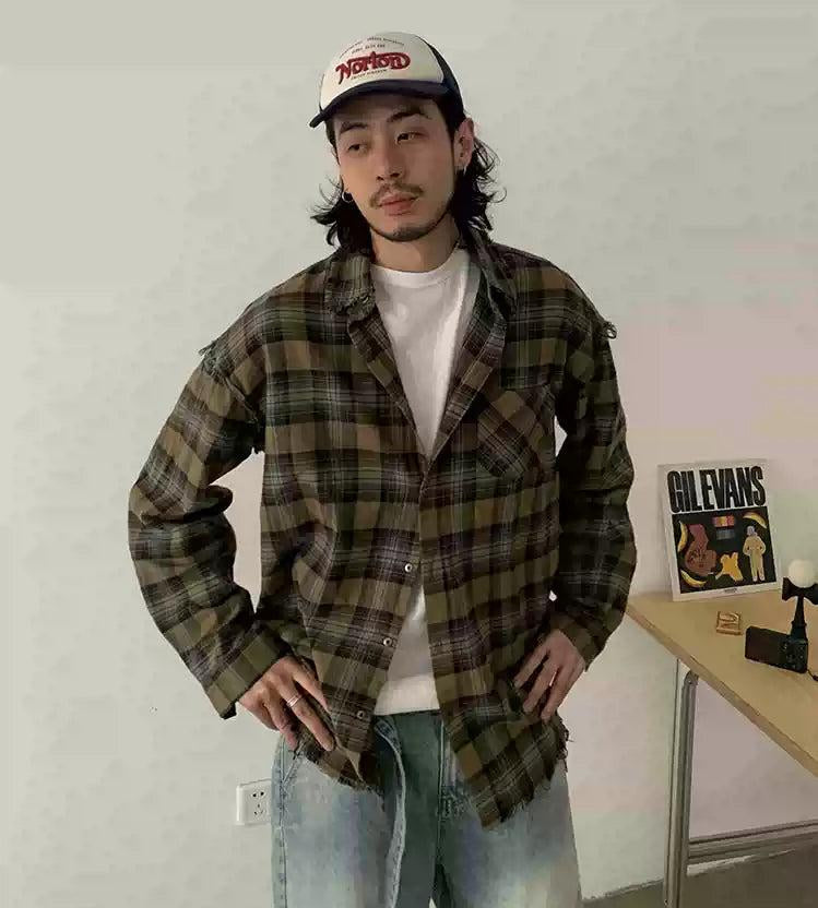 Raw Ends Plaid Pattern Shirt Korean Street Fashion Shirt By In Knots Shop Online at OH Vault