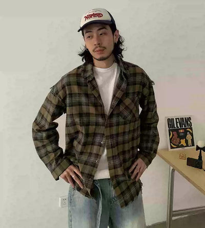Raw Ends Plaid Pattern Shirt Korean Street Fashion Shirt By In Knots Shop Online at OH Vault