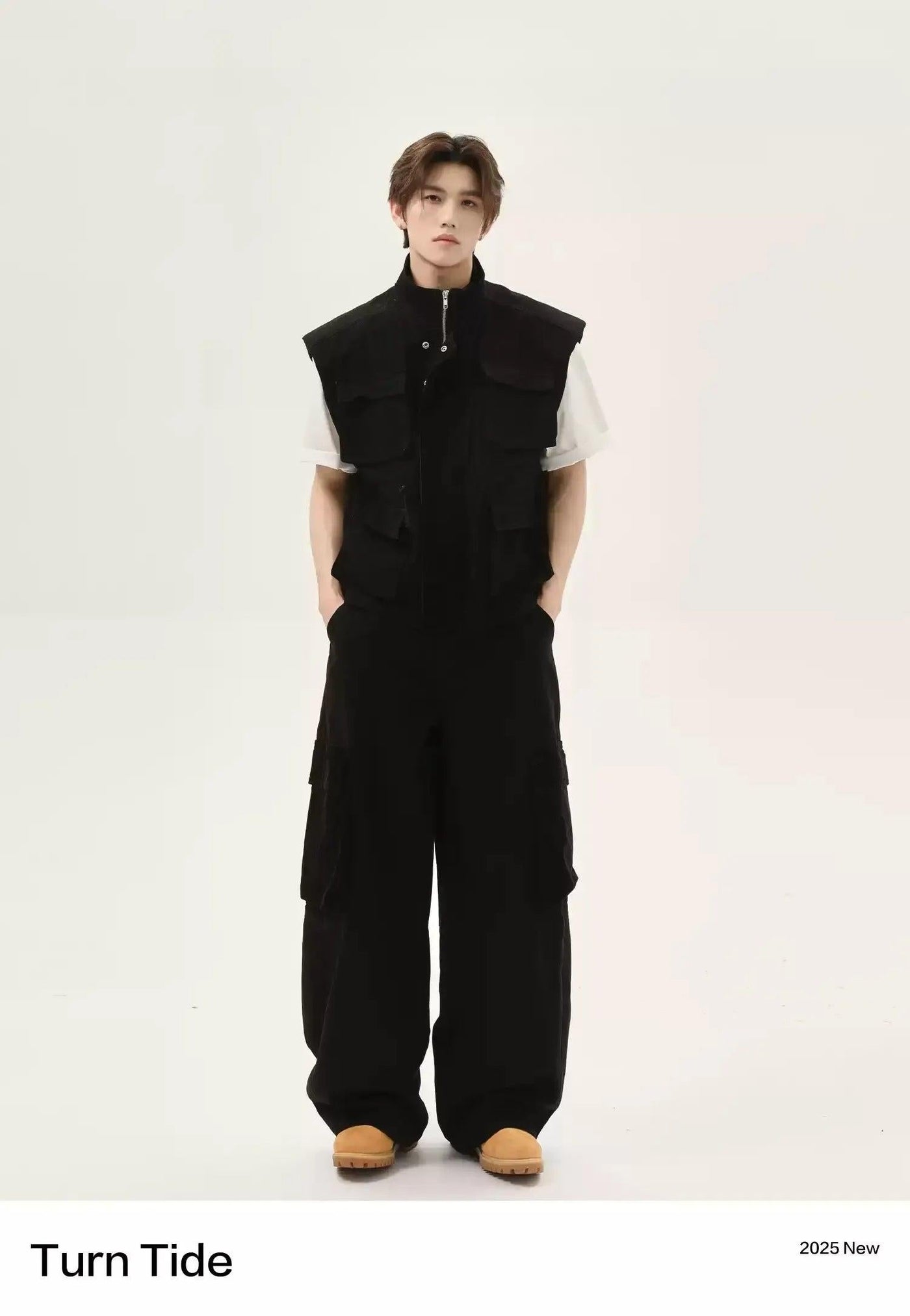 Washed Pocket Detail Denim Vest & Loose Fit Cargo Pants Set Korean Street Fashion Clothing Set By Turn Tide Shop Online at OH Vault