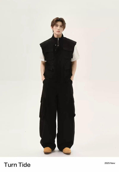 Washed Pocket Detail Denim Vest & Loose Fit Cargo Pants Set Korean Street Fashion Clothing Set By Turn Tide Shop Online at OH Vault