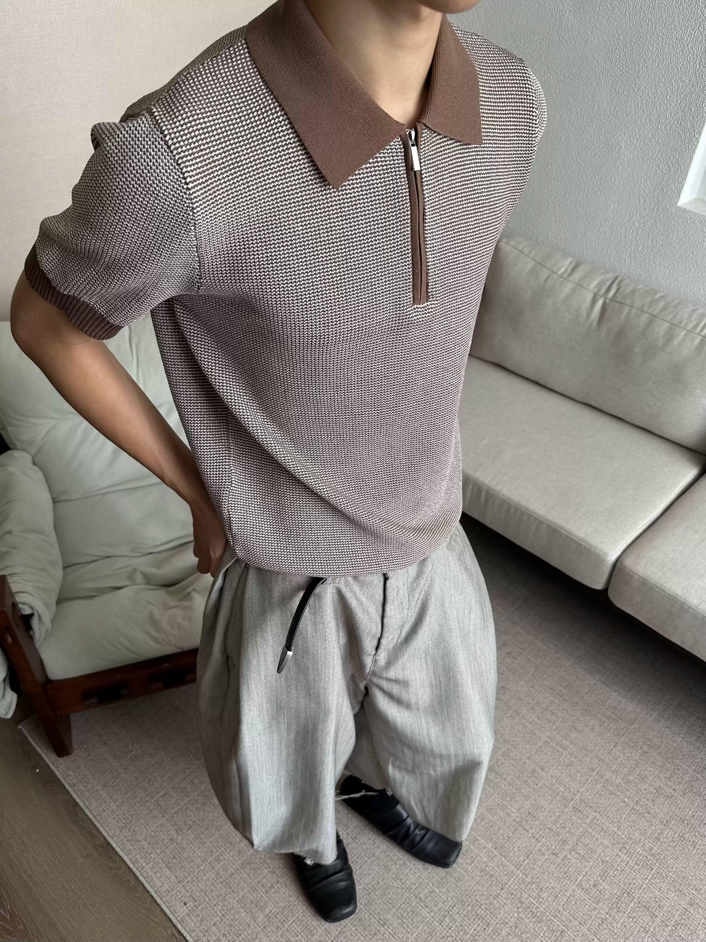 Textured Contrast Half-Zipped Knit Polo Korean Street Fashion Polo By Made Extreme Shop Online at OH Vault