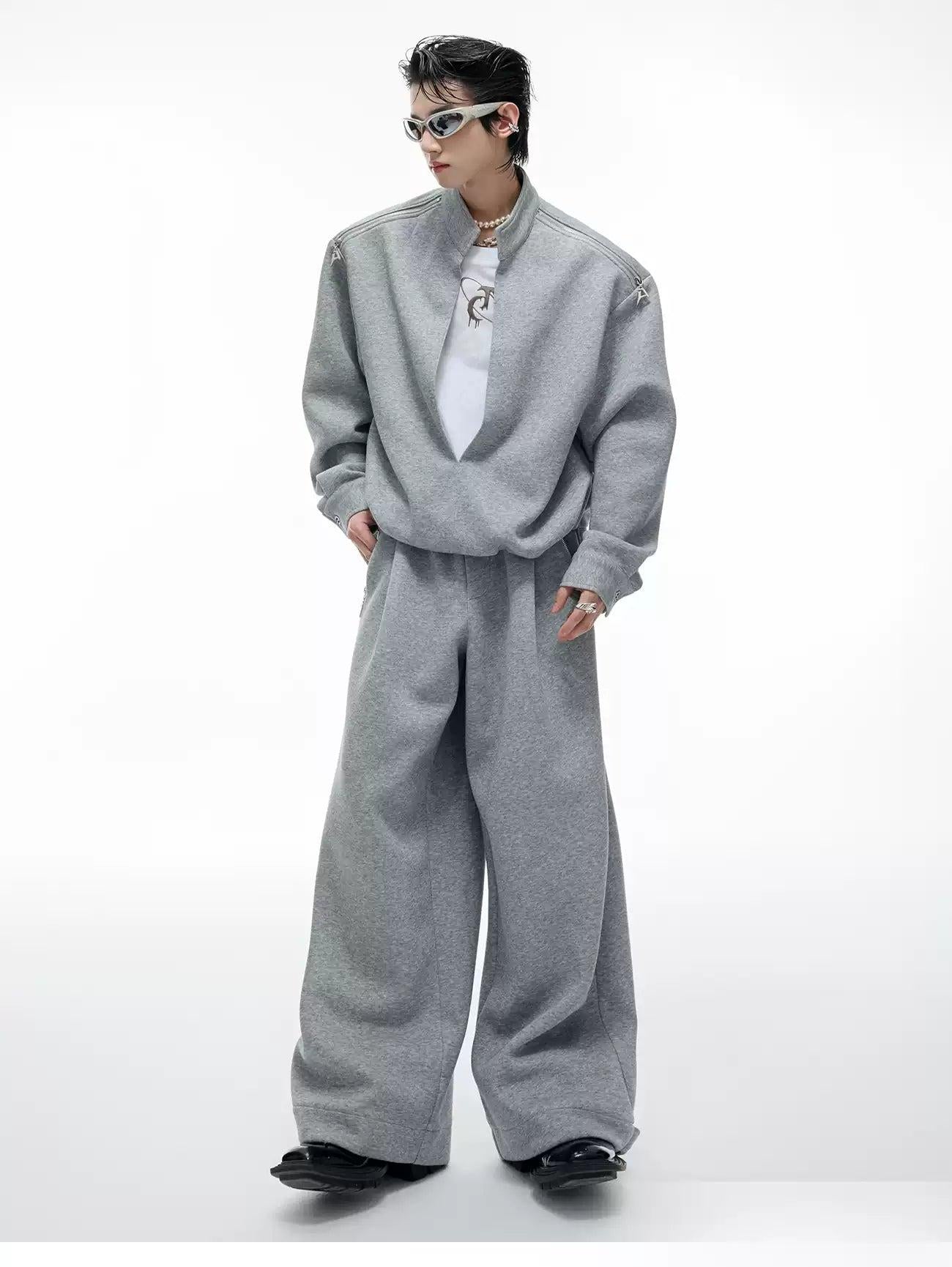 Layered Zipped Detail Crewneck & Wide Leg Sweatpants Set Korean Street Fashion #REF! By Argue Culture Shop Online at OH Vault