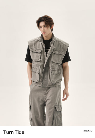 Washed Pocket Detail Denim Vest & Loose Fit Cargo Pants Set Korean Street Fashion Clothing Set By Turn Tide Shop Online at OH Vault