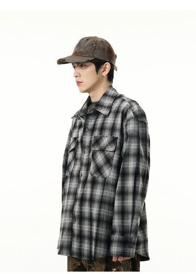 Brushed Check Long Sleeve Shirt Korean Street Fashion Shirt By 77Flight Shop Online at OH Vault