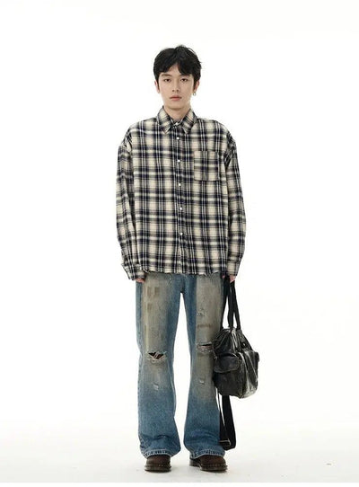 Raw Edge Plaid Shirt Korean Street Fashion Shirt By 77Flight Shop Online at OH Vault