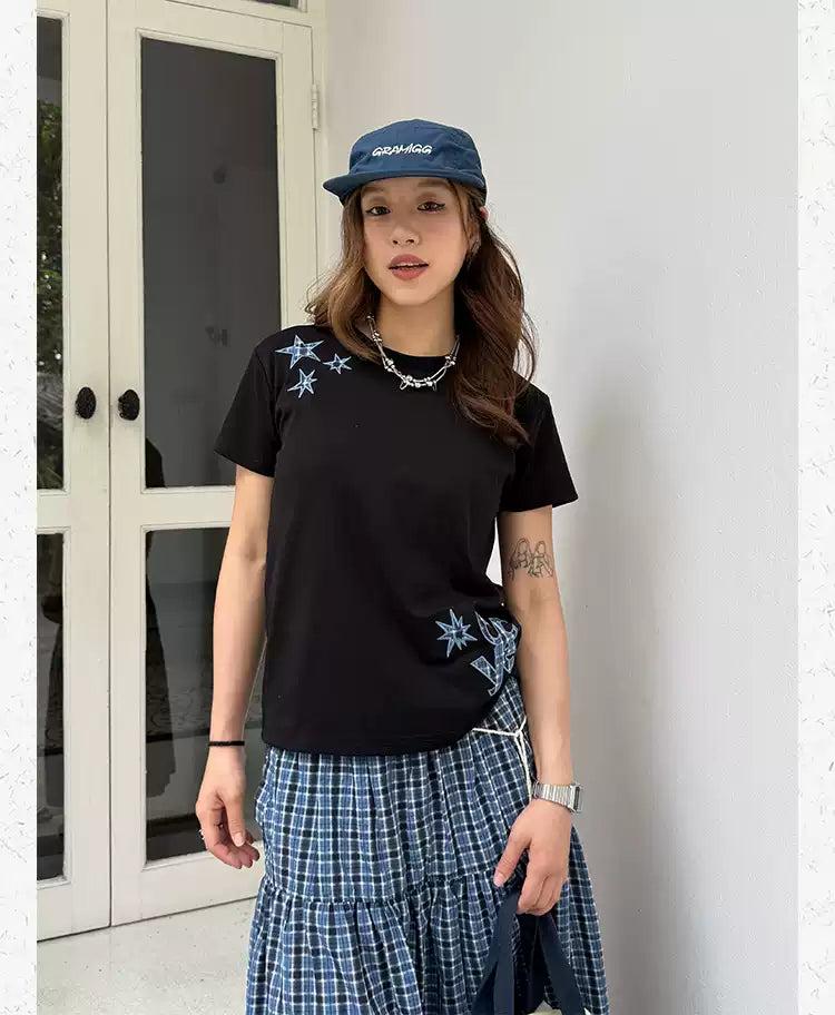 Patched Plaid Stars T-Shirt Korean Street Fashion T-Shirt By Made Extreme Shop Online at OH Vault