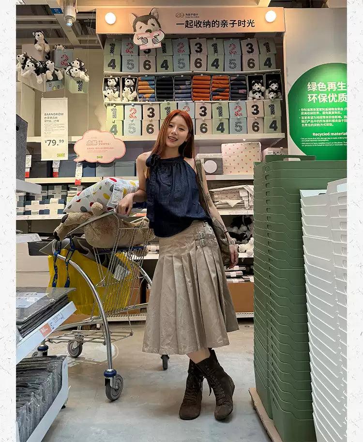Strapped & Pleated Midi Skirt Korean Street Fashion Skirt By Made Extreme Shop Online at OH Vault