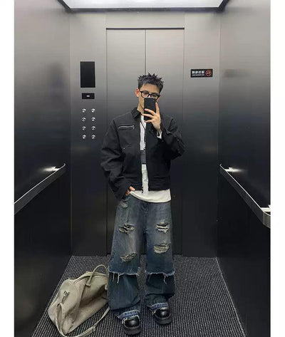 Half Spliced and Distressed Jeans Korean Street Fashion Jeans By Poikilotherm Shop Online at OH Vault