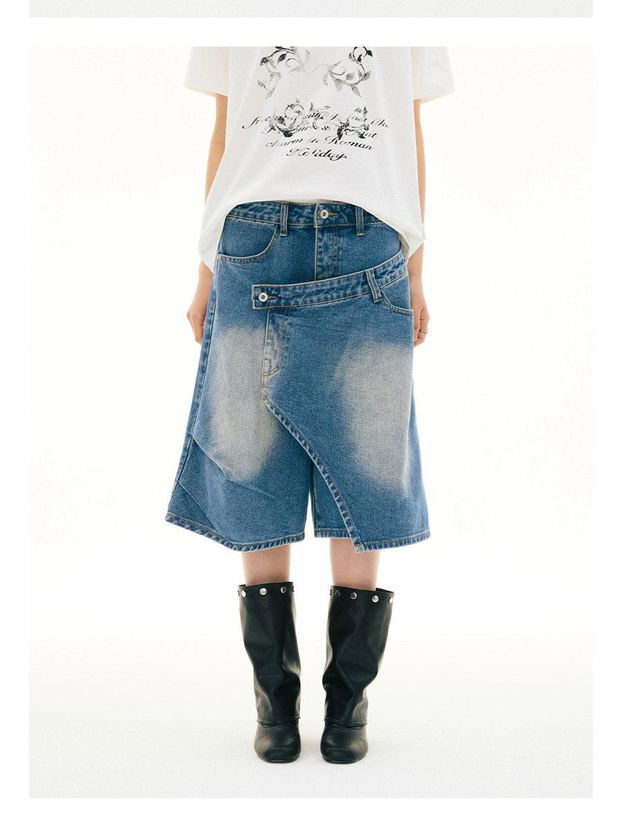 Washed Oblique Cut Denim Shorts Korean Street Fashion Shorts By Funky Fun Shop Online at OH Vault