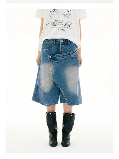 Washed Oblique Cut Denim Shorts Korean Street Fashion Shorts By Funky Fun Shop Online at OH Vault