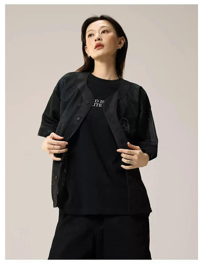 Embroidered Mesh Collarless Shirt Korean Street Fashion Shirt By Remedy Shop Online at OH Vault