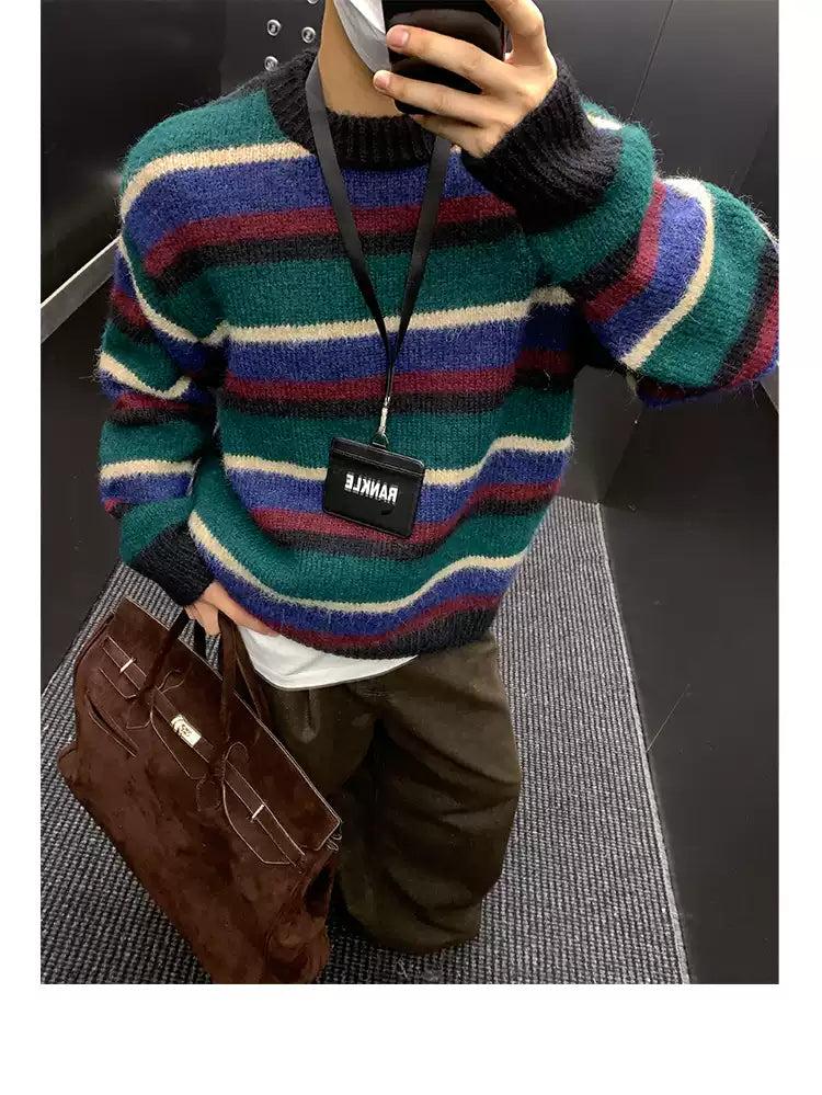 Vintage Striped Round Neck Sweater Korean Street Fashion Sweater By Poikilotherm Shop Online at OH Vault