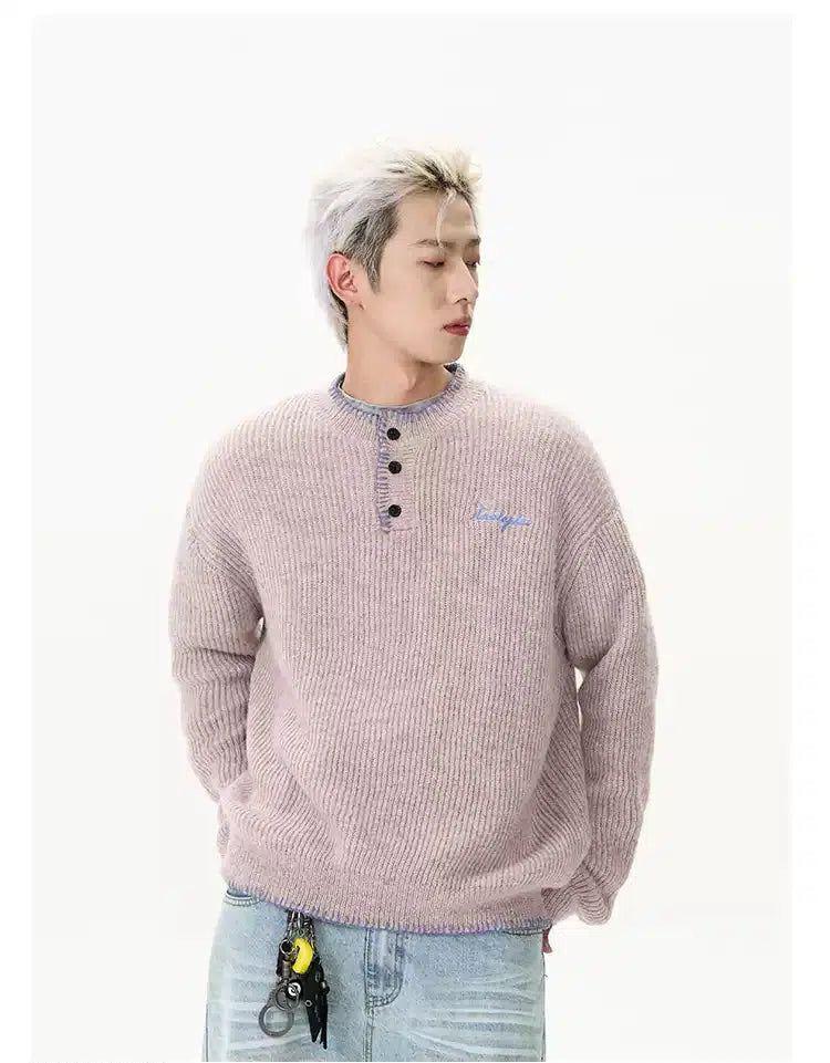 Contrast Collar Buttoned Sweater Korean Street Fashion Sweater By A PUEE Shop Online at OH Vault