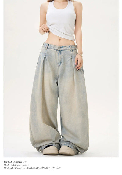 Sand Washed Pleats Scimitar Shape Jeans Korean Street Fashion Jeans By MaxDstr Shop Online at OH Vault