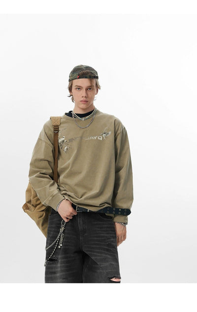 Washed Graphic Print Crewneck Korean Street Fashion Crewneck By JHYQ Shop Online at OH Vault