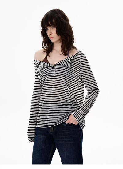 Striped Buttoned Sheer Blouse Korean Street Fashion Blouse By 77Flight Shop Online at OH Vault