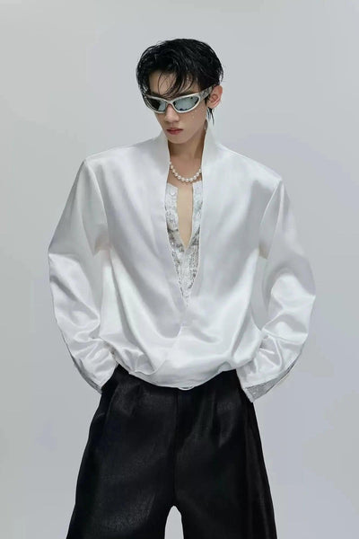 Lace Layered Deep V-Neck Silky Shirt Korean Street Fashion Shirt By Argue Culture Shop Online at OH Vault