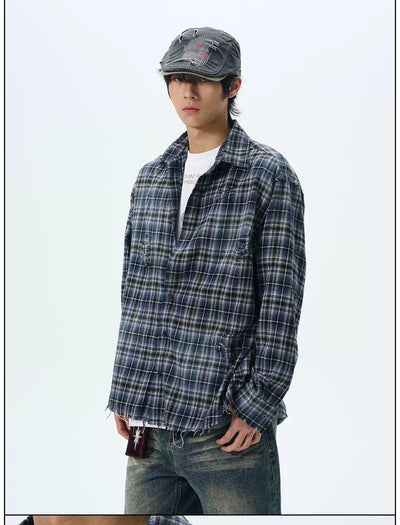 Ripped Raw Hem Plaid Shirt Korean Street Fashion Shirt By 77Flight Shop Online at OH Vault