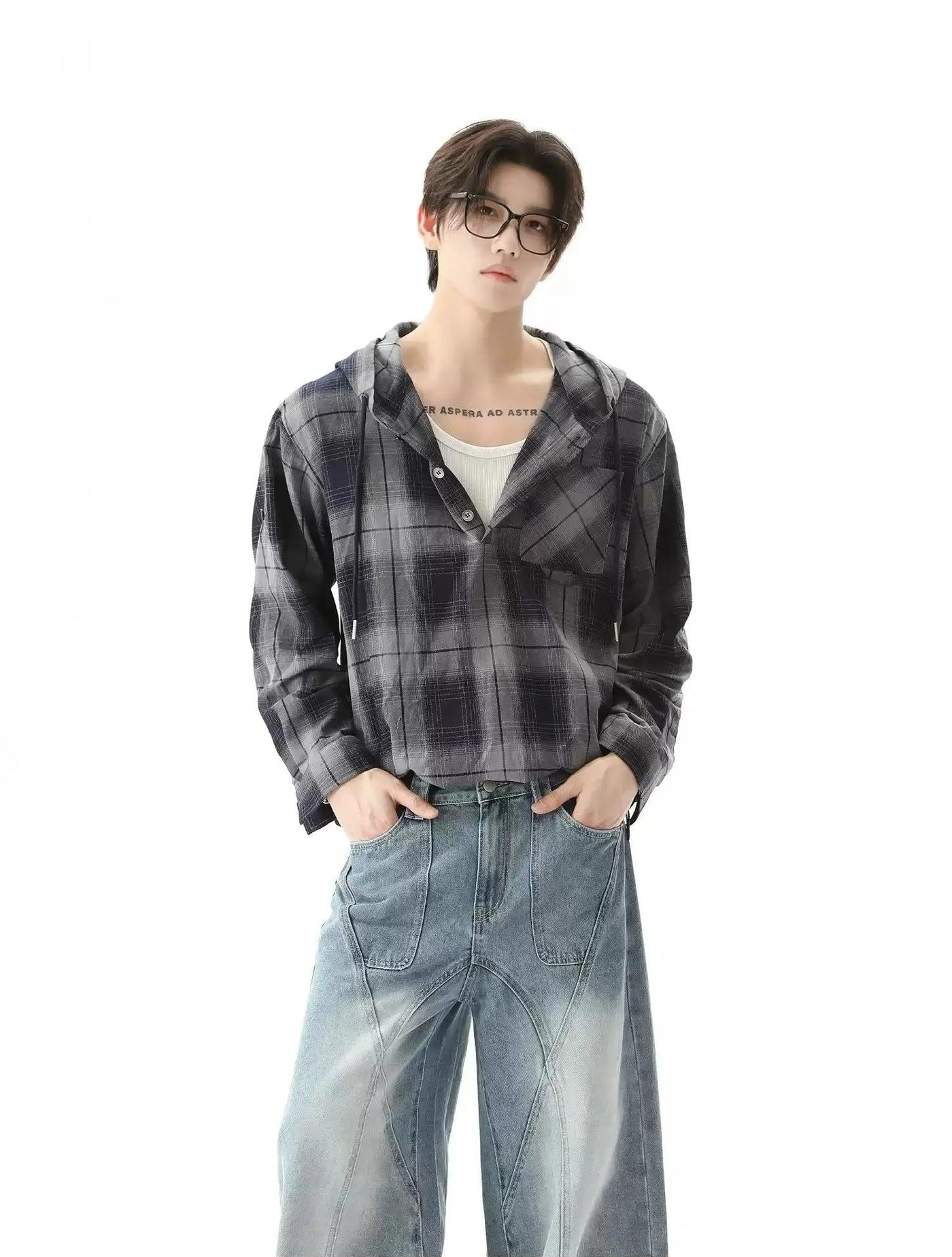 Drawstring Plaid Half-Buttoned Hooded Shirt Korean Street Fashion Shirt By Turn Tide Shop Online at OH Vault
