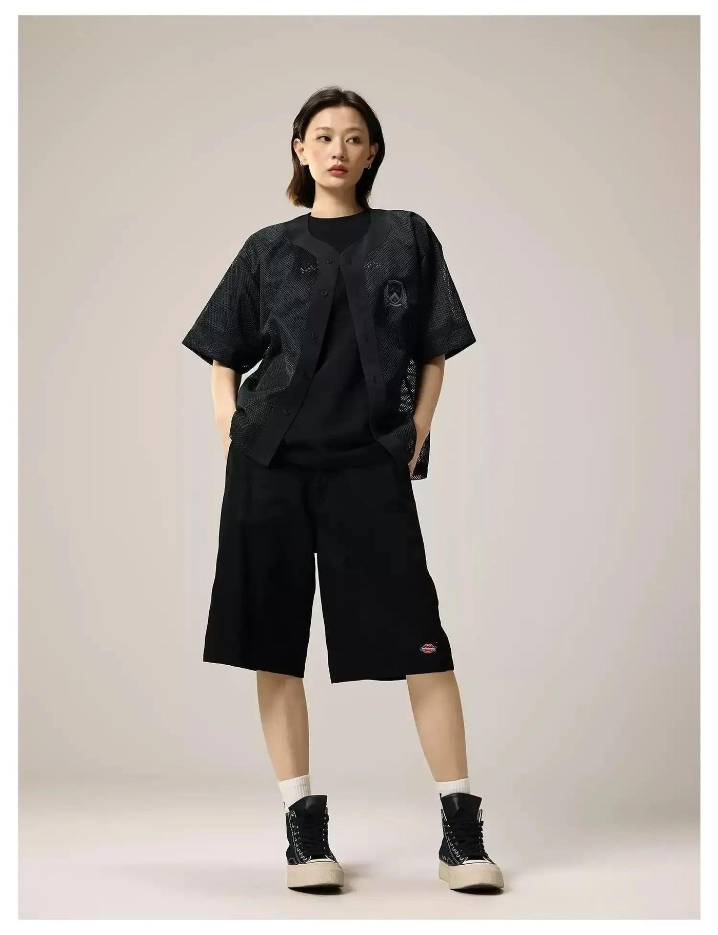 Embroidered Mesh Collarless Shirt Korean Street Fashion Shirt By Remedy Shop Online at OH Vault