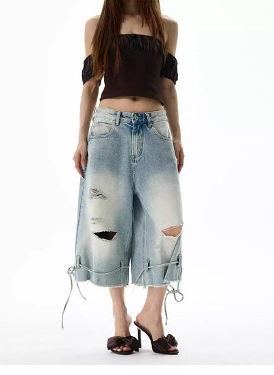 Raw End String Detail Denim Shorts Korean Street Fashion Shorts By 77Flight Shop Online at OH Vault
