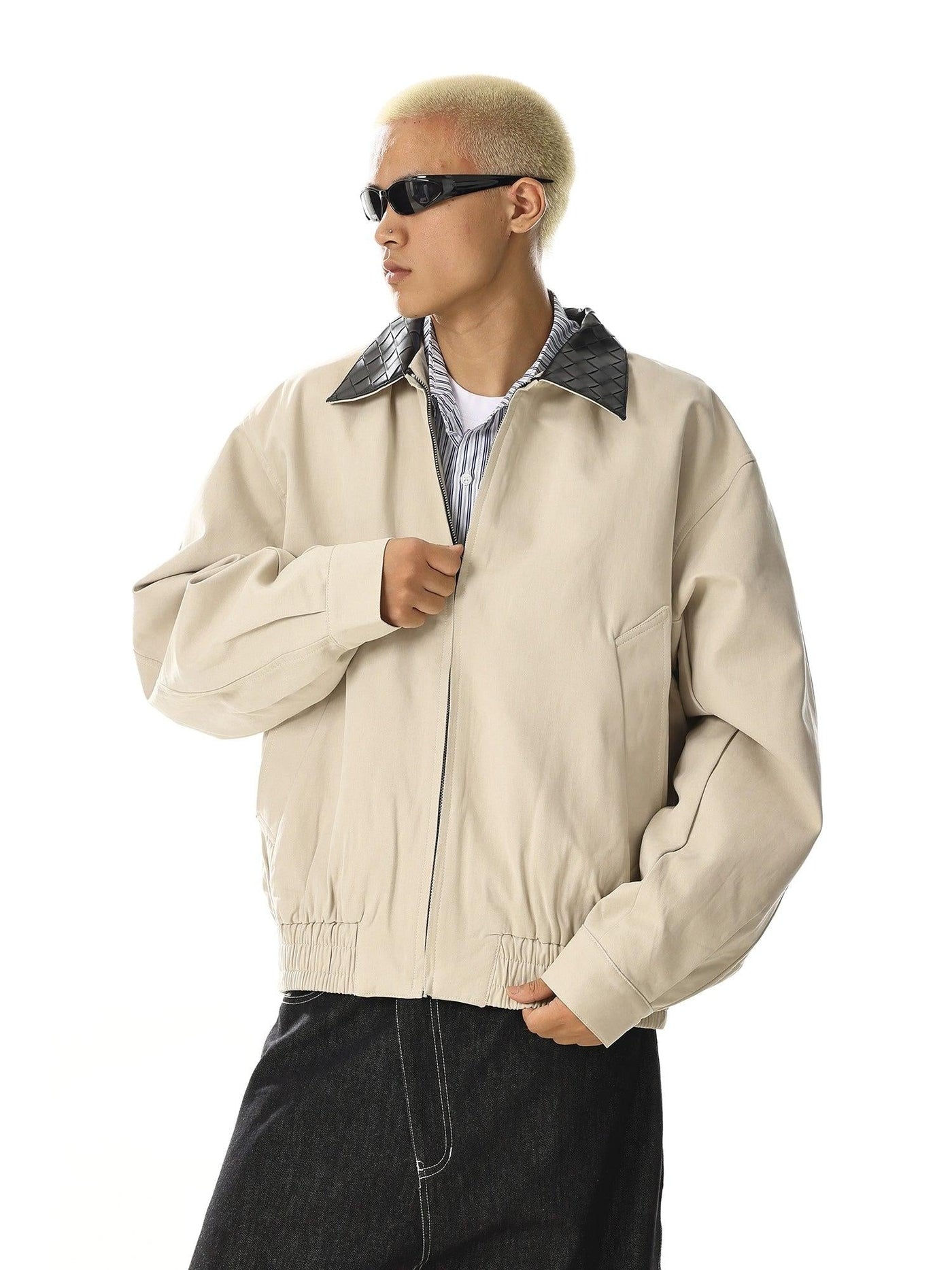 Woven Collared Zip-Up Jacket Korean Street Fashion Jacket By MEBXX Shop Online at OH Vault