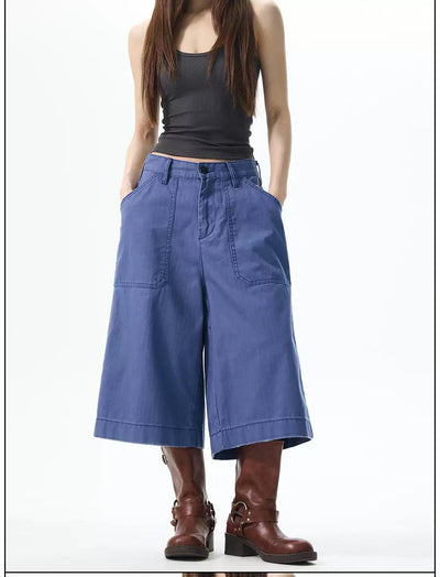 Retro Blue Wide Cargo Shorts Korean Street Fashion Shorts By 77Flight Shop Online at OH Vault