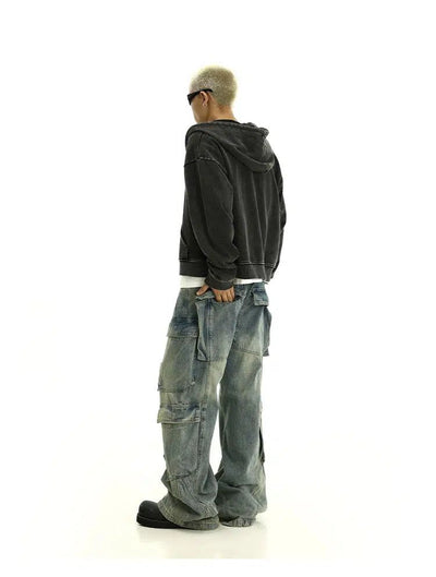 Multi-Pocket Faded Caro Jeans Korean Street Fashion Jeans By MEBXX Shop Online at OH Vault