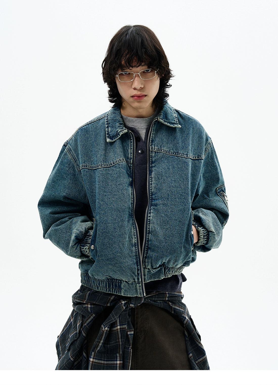Washed Full-Zip Denim Jacket Korean Street Fashion Jacket By 77Flight Shop Online at OH Vault