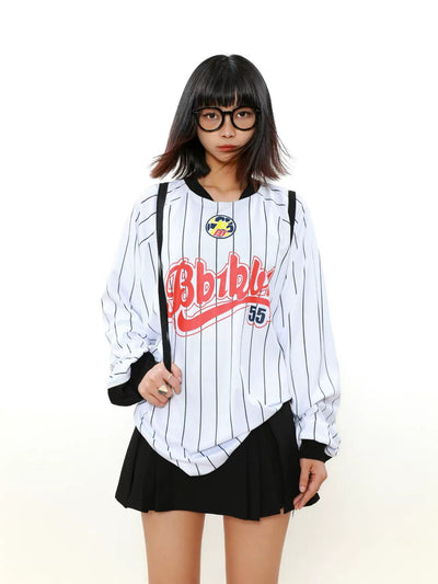 Baseball Style Loose Crewneck Korean Street Fashion Crewneck By Mr Nearly Shop Online at OH Vault