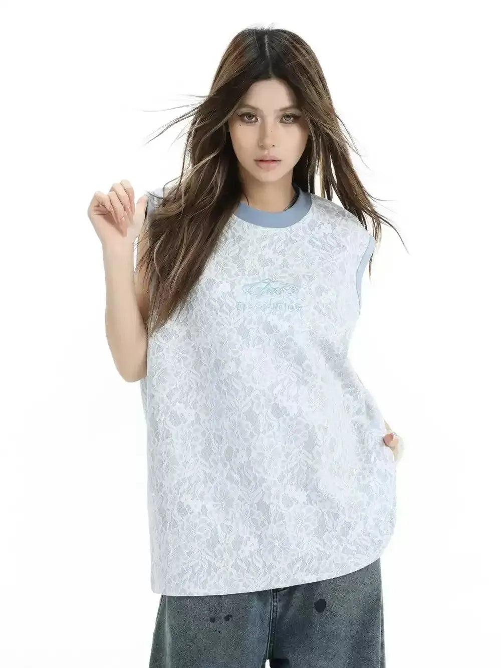 Embroidered Logo Lace Layered Tank Top Korean Street Fashion Vest By INS Korea Shop Online at OH Vault