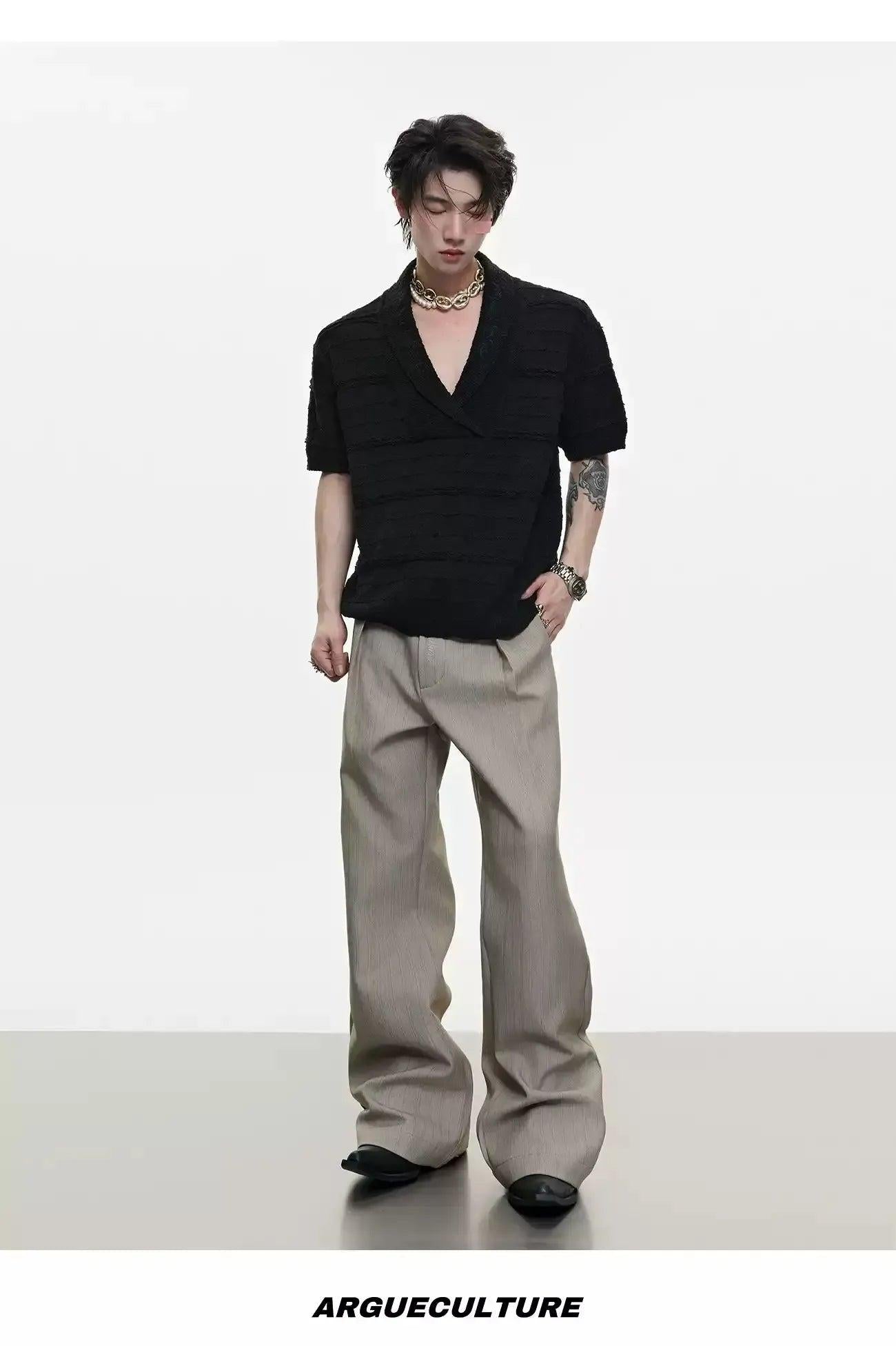 Textured V-Neck Knit T-Shirt Korean Street Fashion T-Shirt By Argue Culture Shop Online at OH Vault