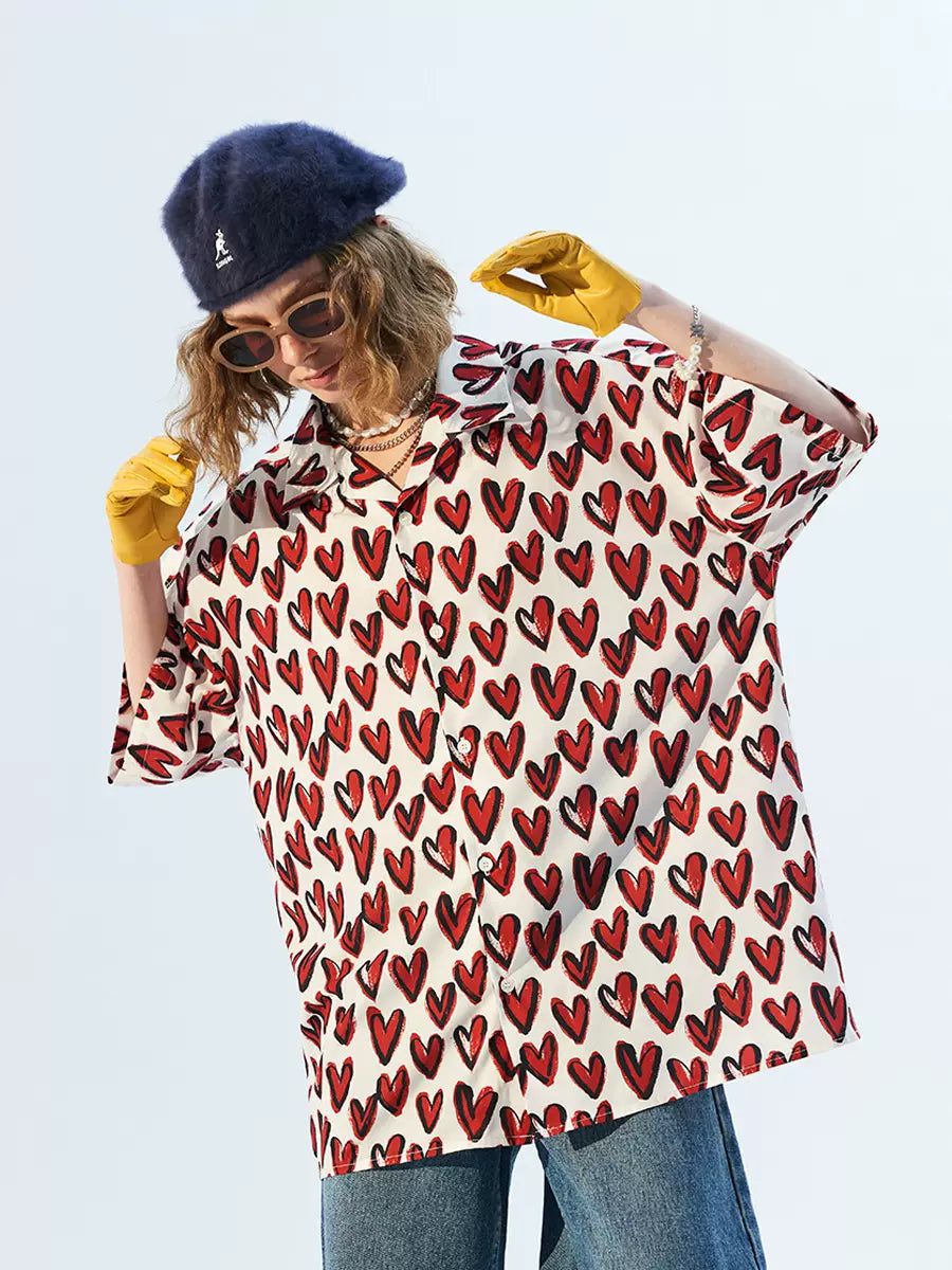 Hearts Pattern Print Shirt Korean Street Fashion Shirt By Moditec Shop Online at OH Vault