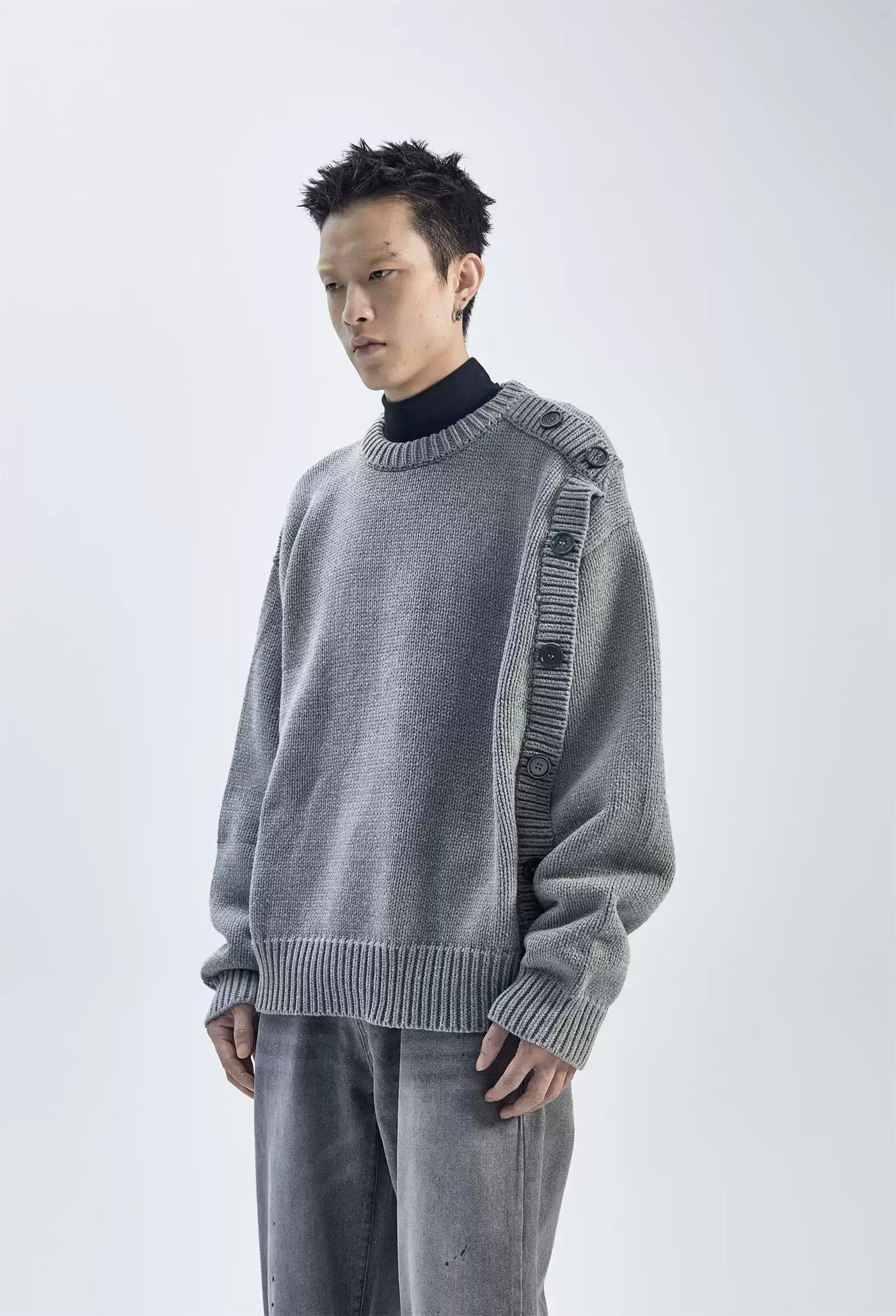 Side Buttons Round Neck Sweater Korean Street Fashion Sweater By Ash Dark Shop Online at OH Vault