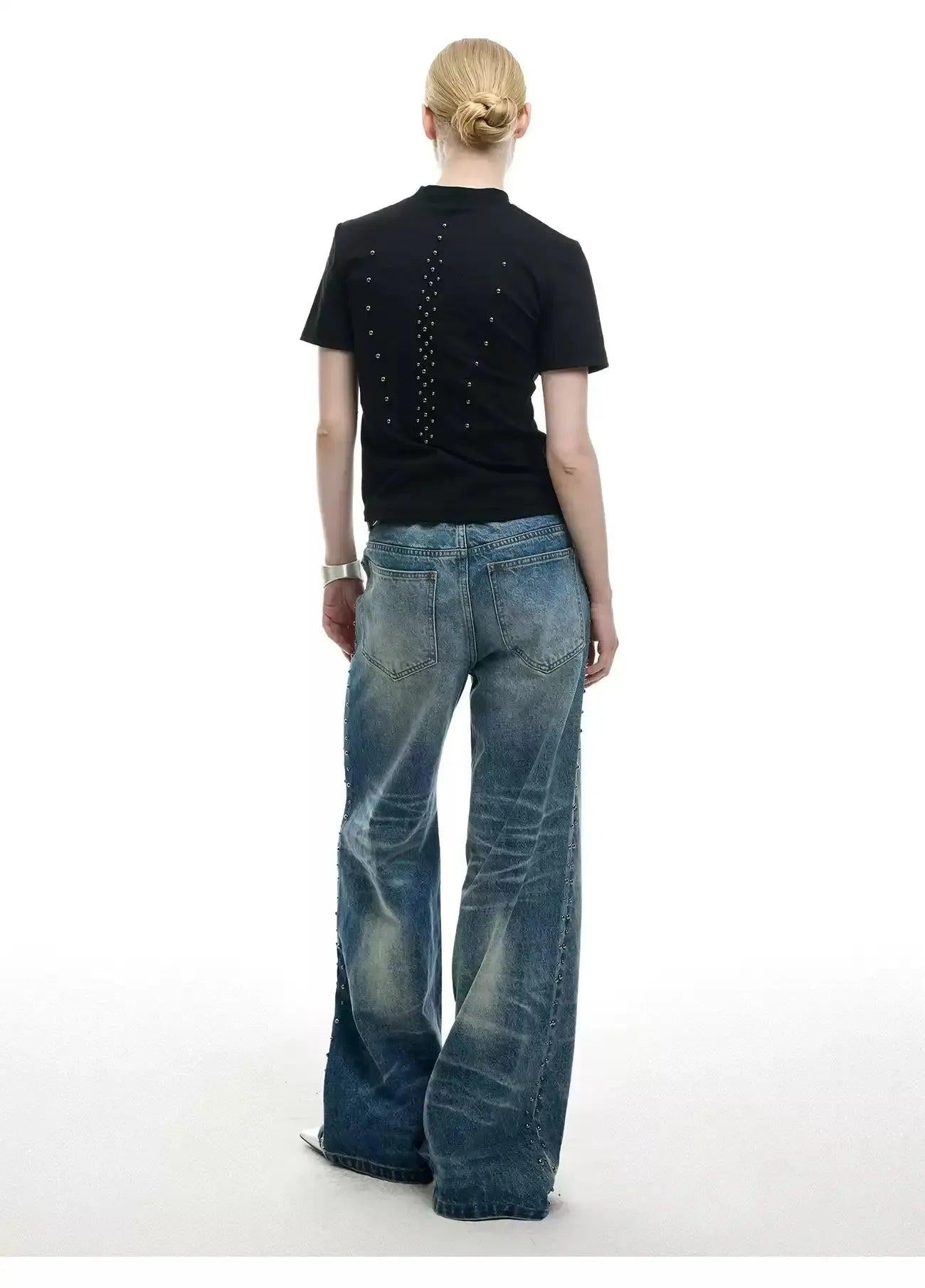 Beaded Seam Wide Flared Jeans Korean Street Fashion Jeans By Argue Culture Shop Online at OH Vault
