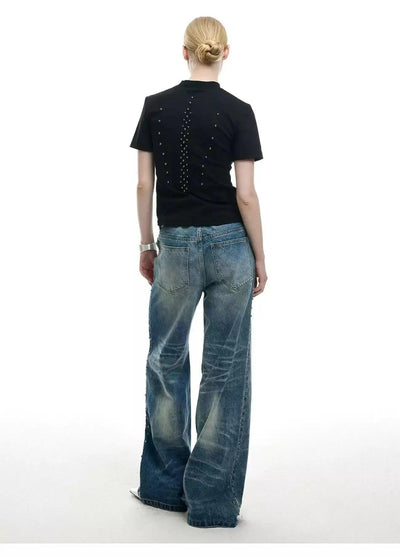 Beaded Seam Wide Flared Jeans Korean Street Fashion Jeans By Argue Culture Shop Online at OH Vault