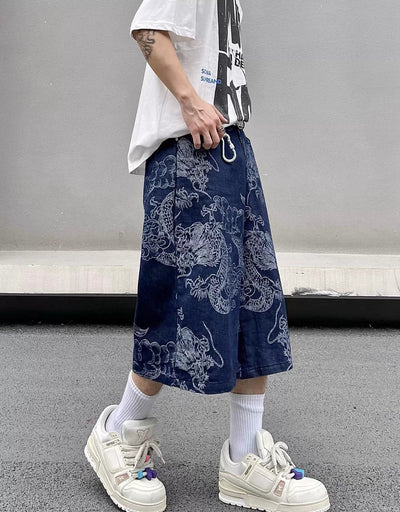 Dragon Full-Print Denim Shorts Korean Street Fashion Shorts By Blacklists Shop Online at OH Vault