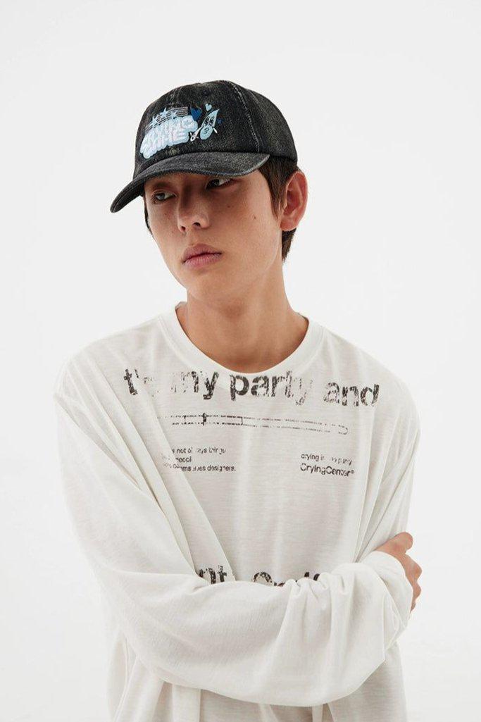 Stitched Graphic Washed Denim Hat Korean Street Fashion Hat By Crying Center Shop Online at OH Vault