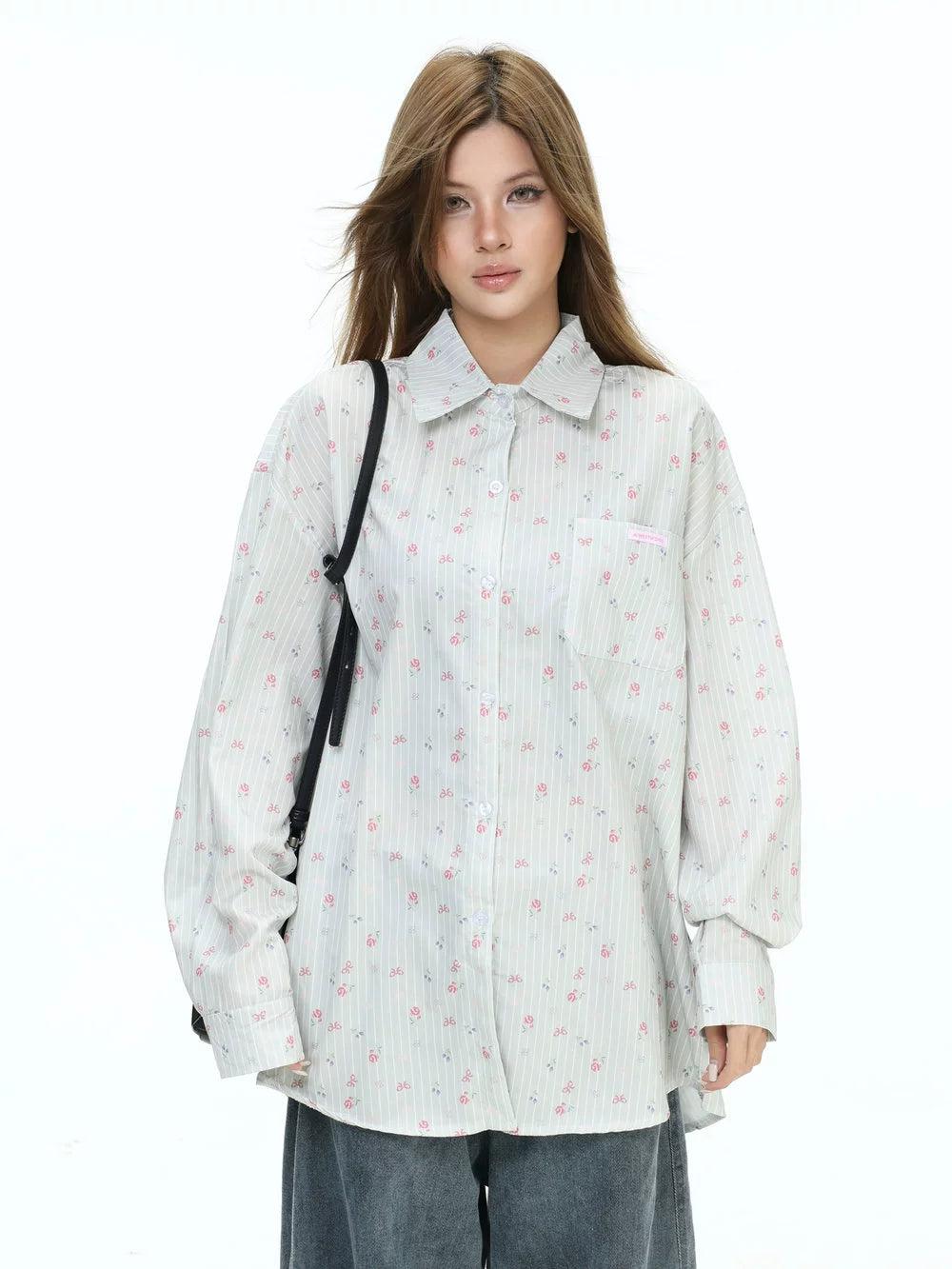 Floral Pattern Striped L/S Shirt Korean Street Fashion Shirt By INS Korea Shop Online at OH Vault