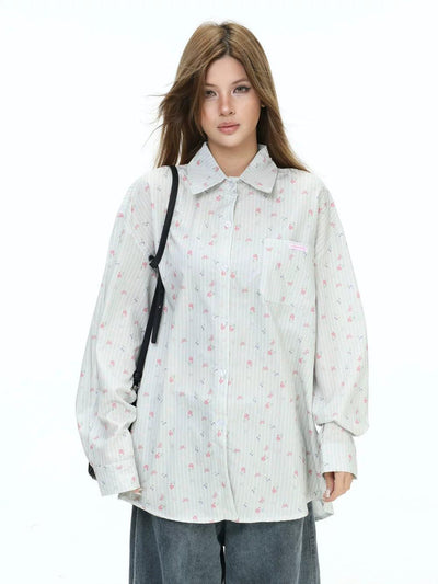 Floral Pattern Striped L/S Shirt Korean Street Fashion Shirt By INS Korea Shop Online at OH Vault