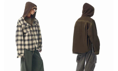 Plaid & Denim Reversible Hooded Jacket Korean Street Fashion Shirt By JHYQ Shop Online at OH Vault