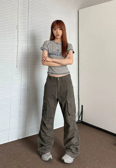 Pleated Loose Fit Flared Cargo Pants Korean Street Fashion Pants By Apocket Shop Online at OH Vault