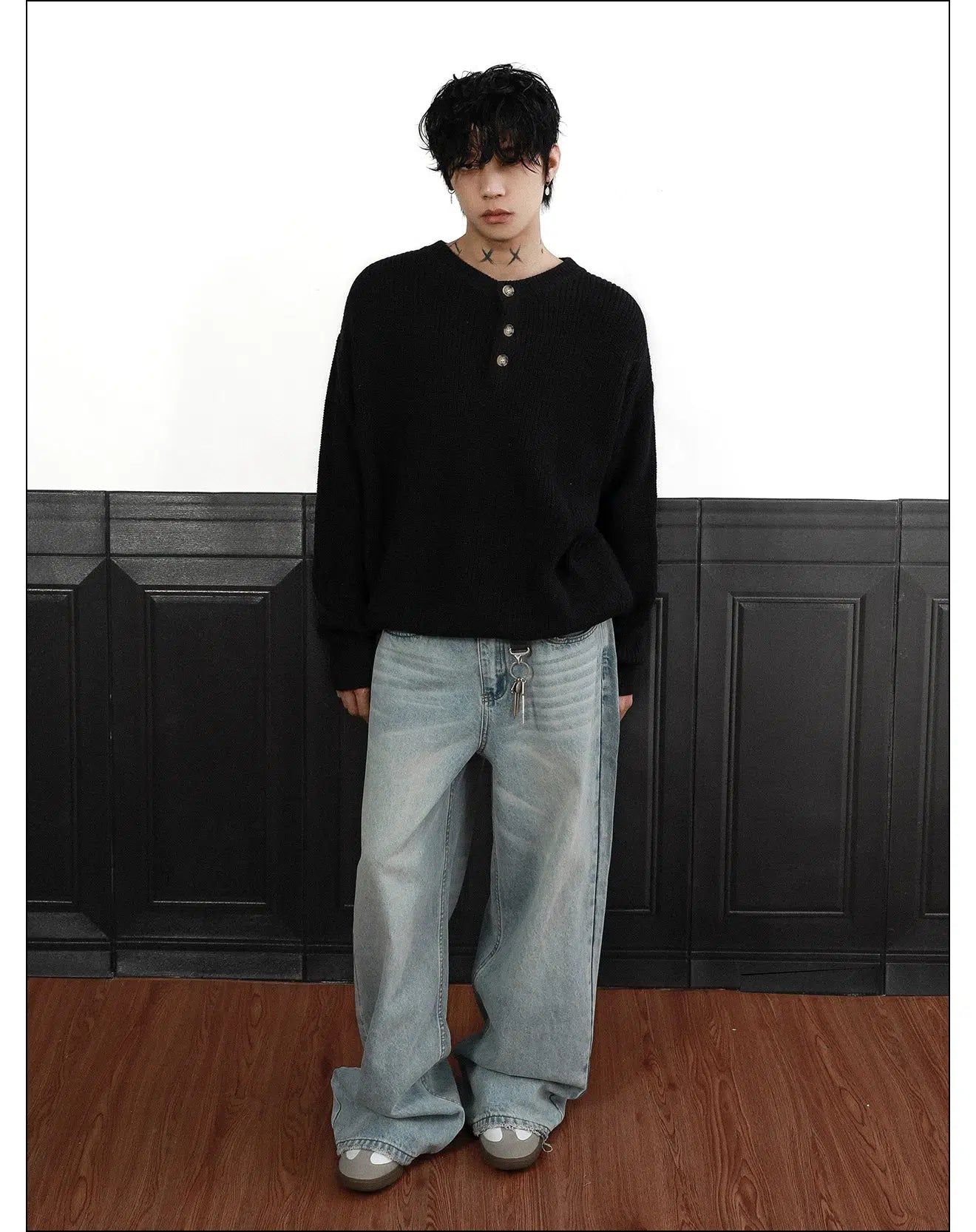 Henley Collar Knit Long Sleeve T-Shirt Korean Street Fashion T-Shirt By Mr Nearly Shop Online at OH Vault