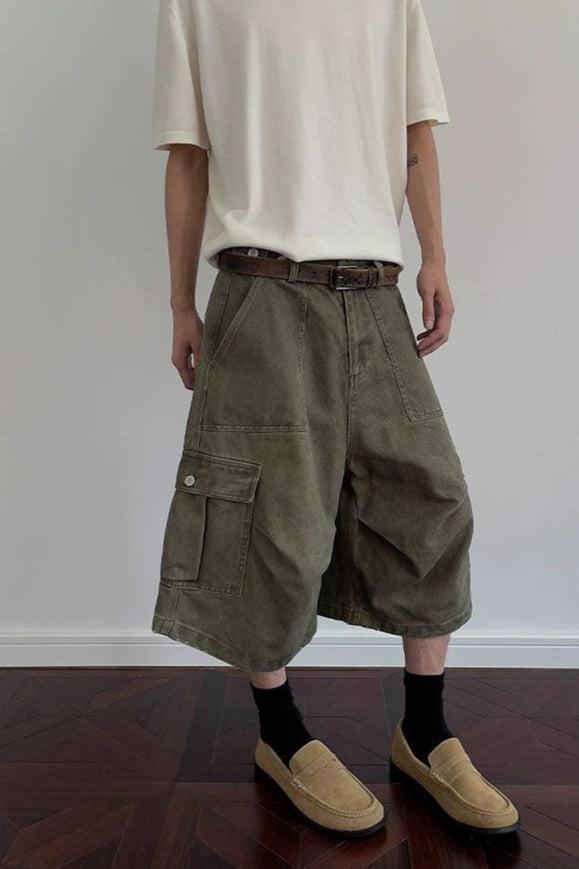 Washed Wide Cargo Denim Shorts Korean Street Fashion Shorts By A PUEE Shop Online at OH Vault