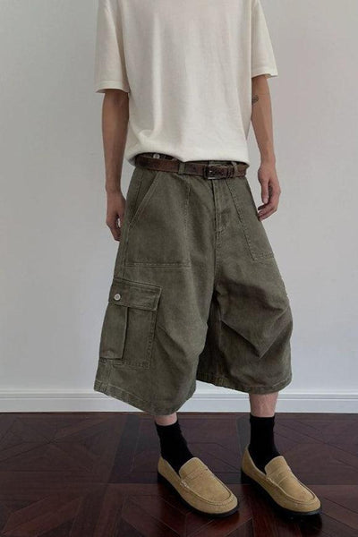Washed Wide Cargo Denim Shorts Korean Street Fashion Shorts By A PUEE Shop Online at OH Vault