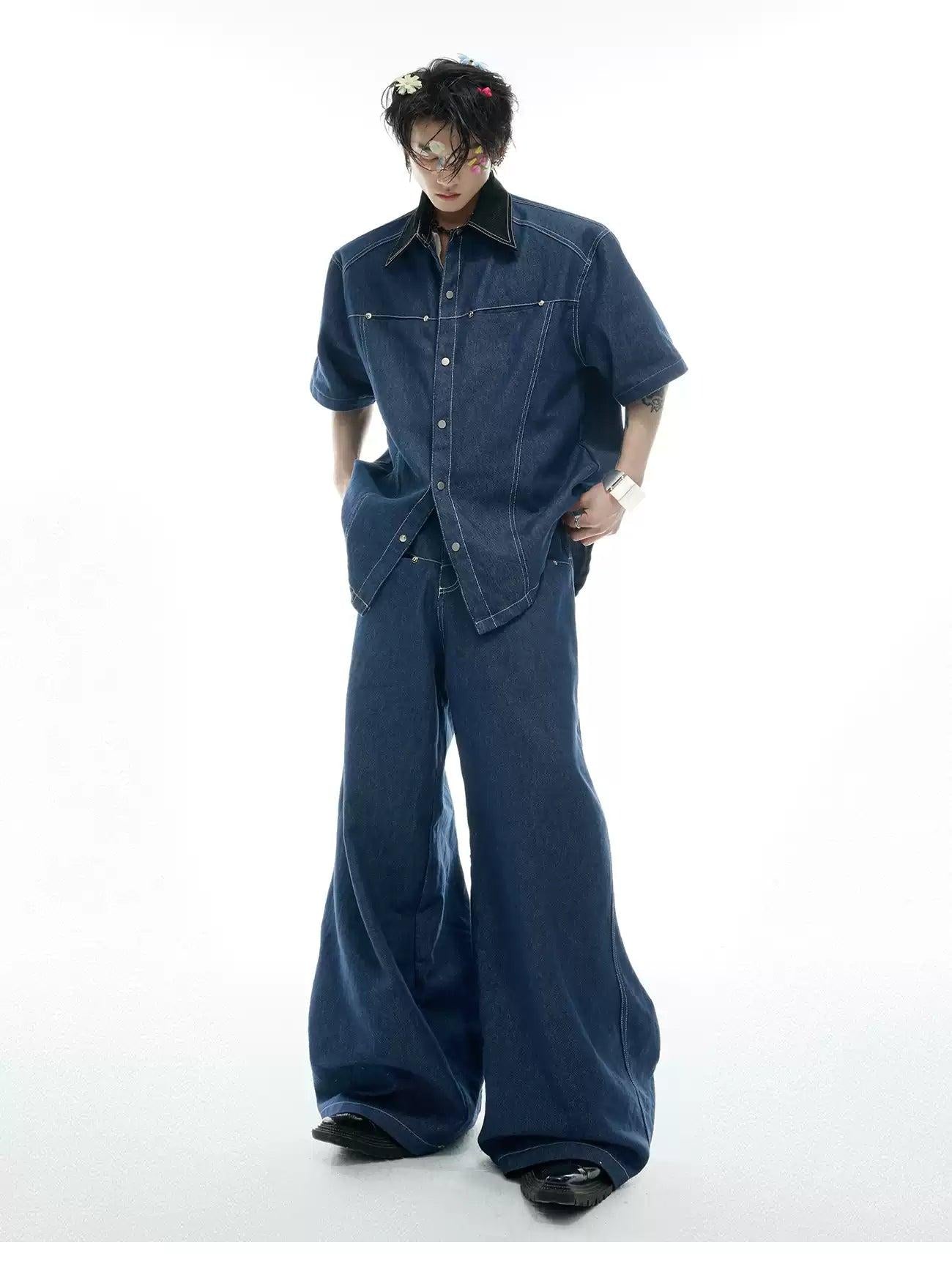 Structured Snap Buttons Denim Shirt & Jeans Set Korean Street Fashion Clothing Set By Argue Culture Shop Online at OH Vault