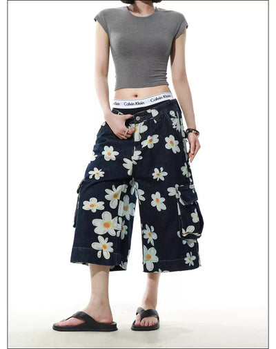 Flower Pattern Cargo Denim Shorts Korean Street Fashion Shorts By Mr Nearly Shop Online at OH Vault