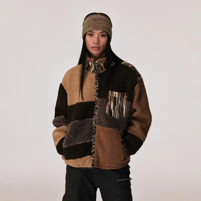 Spliced Blocks Shearling Zipped Jacket Korean Street Fashion Jacket By Conp Conp Shop Online at OH Vault