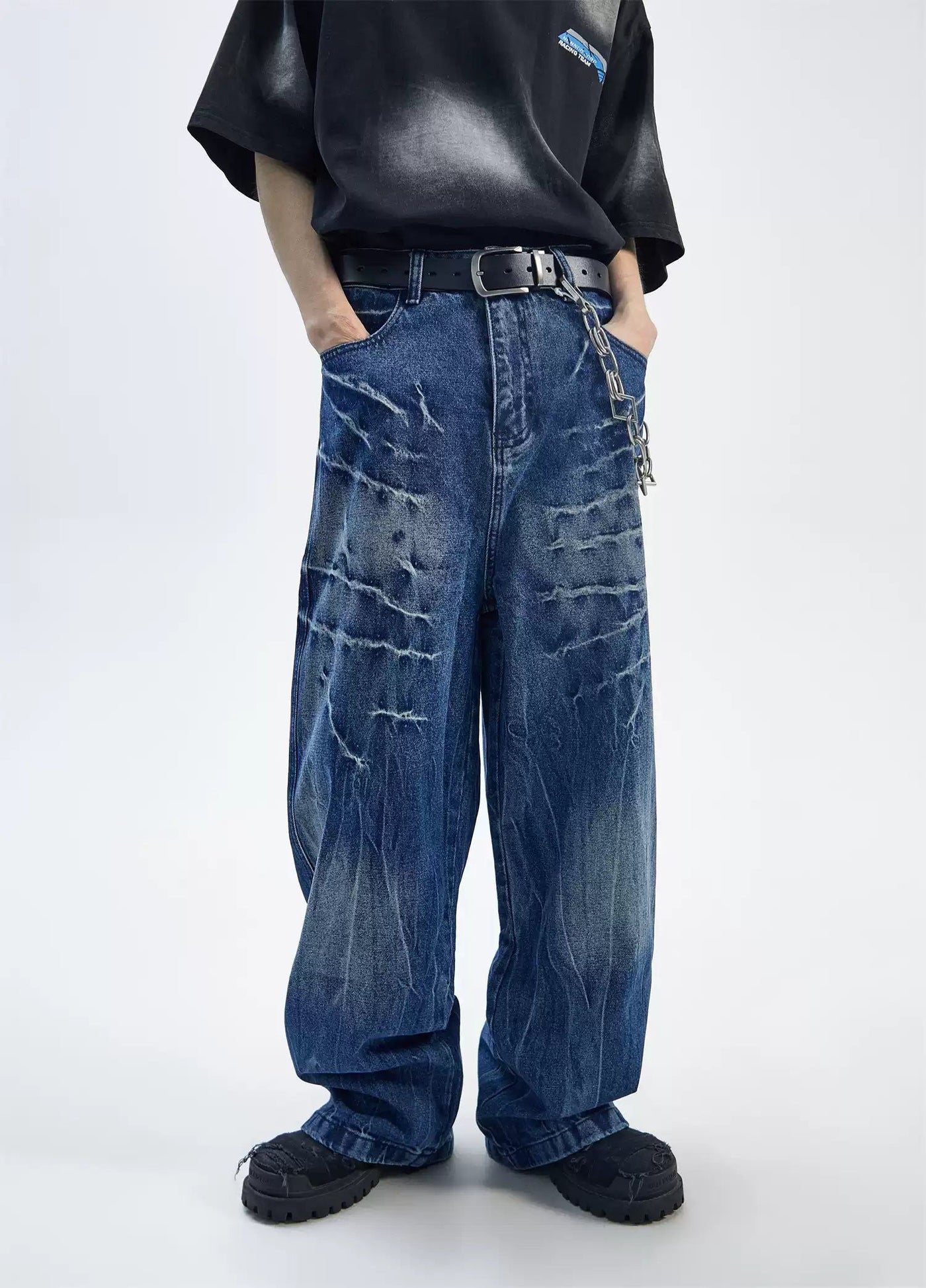 Grunge Whiskers Detail Jeans Korean Street Fashion Jeans By Ash Dark Shop Online at OH Vault